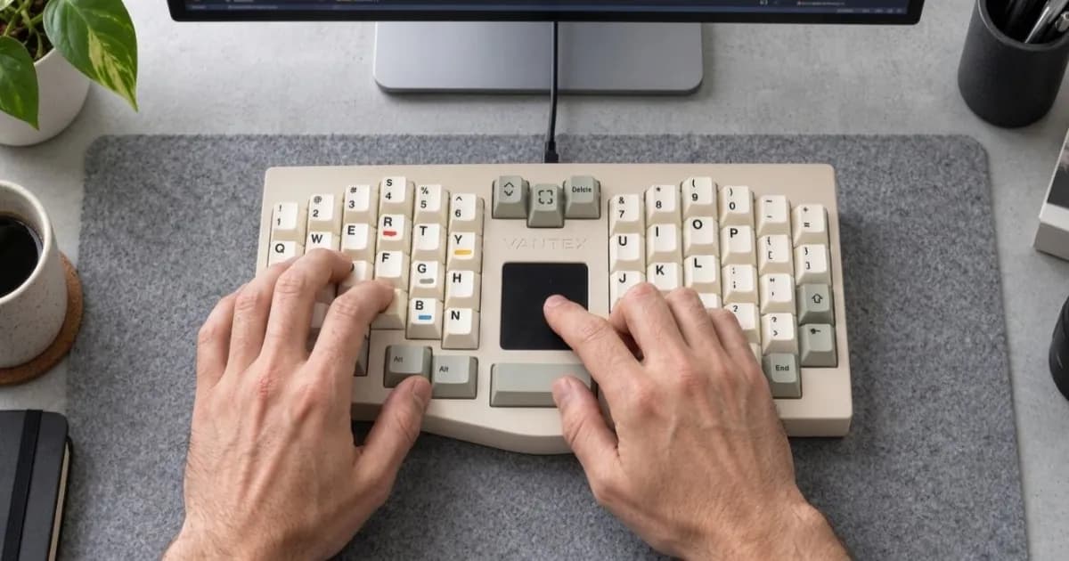 Vantex V1 keyboard mekanikal dengan touchpad di bagian tengah papan ketik