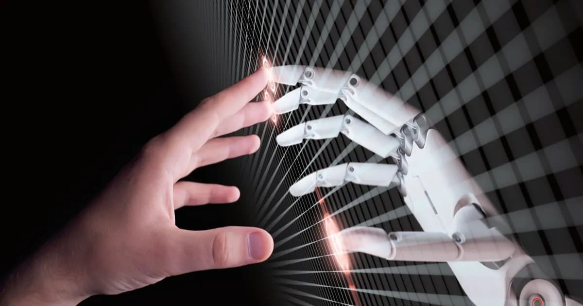 Ilustrasi tangan robot AI menyentuh tangan manusia sebagai simbol interaksi buatan