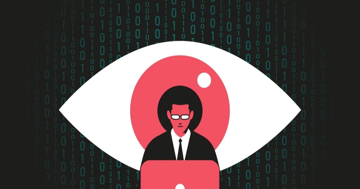 Ilustrasi konsep keamanan siber dan pengawasan digital dengan elemen mata dan data di depan komputer