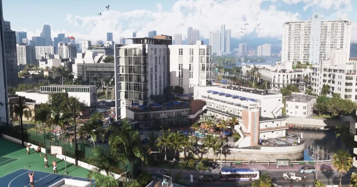 Tangkapan layar GTA VI dari Rockstar Games dengan latar kota dan karakter
