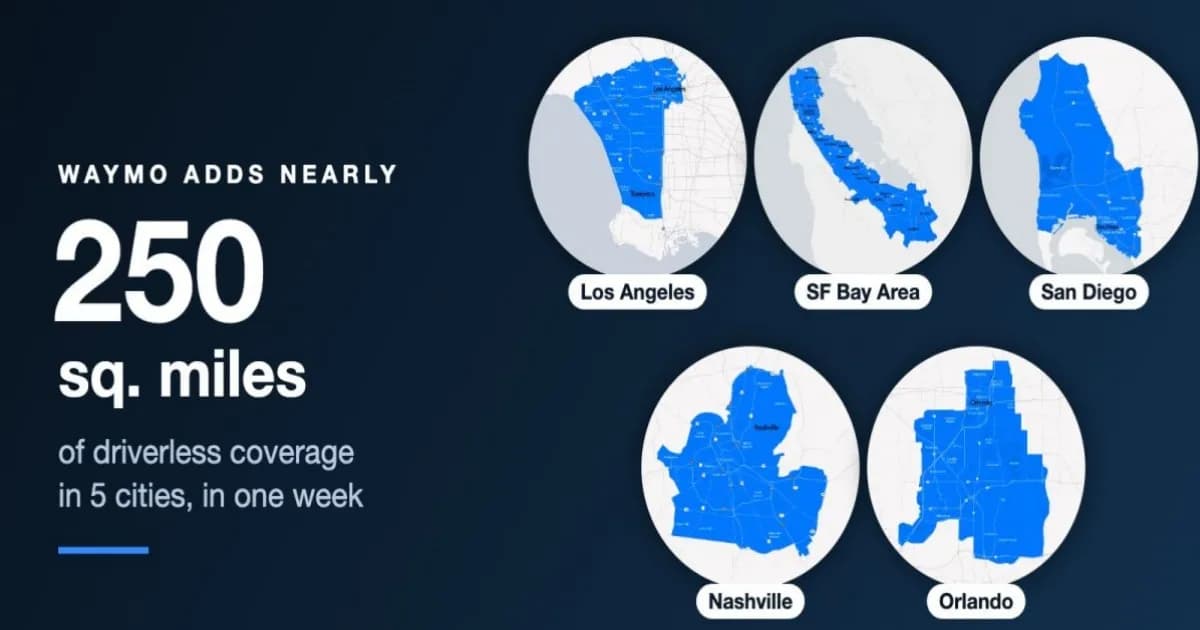 Peta area layanan Waymo di Los Angeles, San Francisco Bay Area, San Diego, Nashville, dan Orlando setelah perluasan Oktober 2026