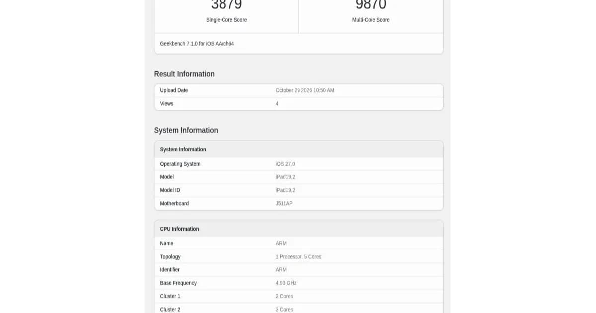 iPad mini 2026 dengan layar OLED menjalani pengujian Geekbench 7