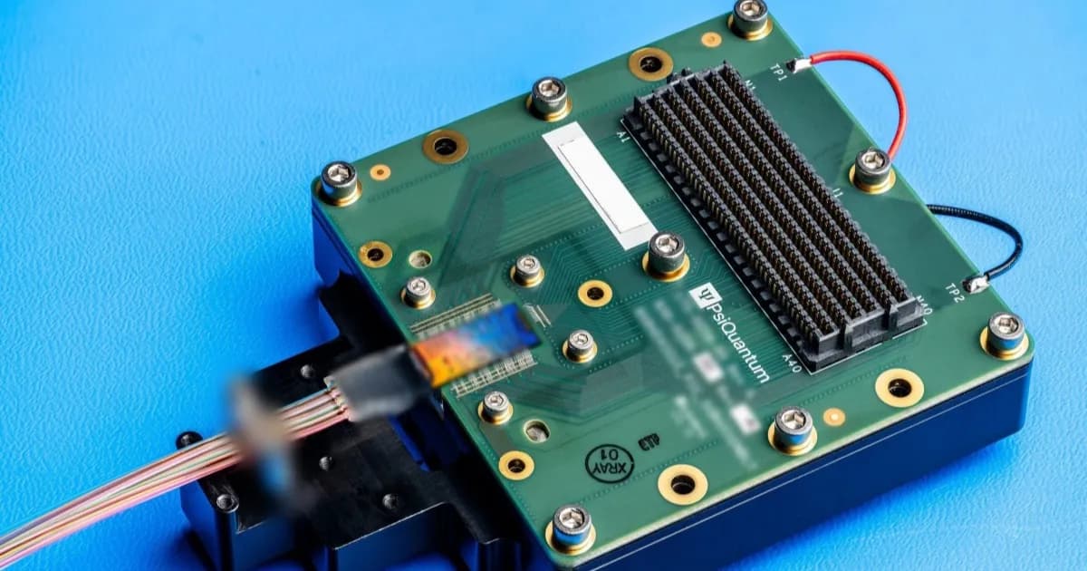Modul chip photonic PsiQuantum dengan pita fiber optik untuk optical switch data center AI