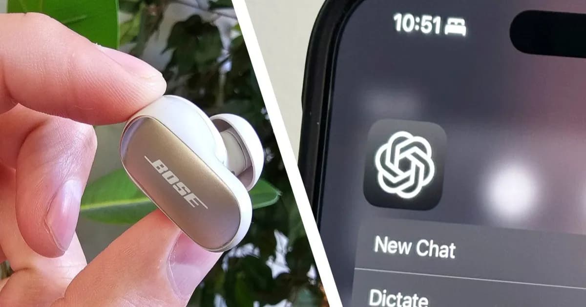 Ikon aplikasi ChatGPT di layar iPhone dengan latar dedaunan, ilustrasi penggunaan ChatGPT untuk menemukan earbud hilang