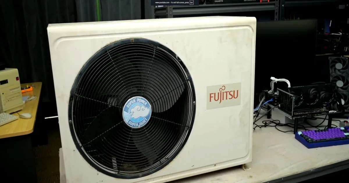 Radiator AC outdoor bekas yang dimodifikasi menjadi sistem water-cooling PC oleh TrashBench