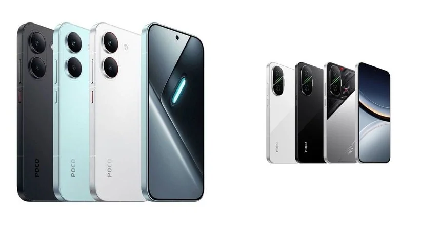 Smartphone POCO X8 Pro dan POCO F7 bersanding