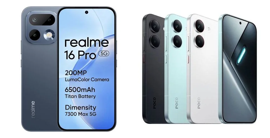 Smartphone POCO X8 Pro dan realme 16 Pro 5G berdampingan
