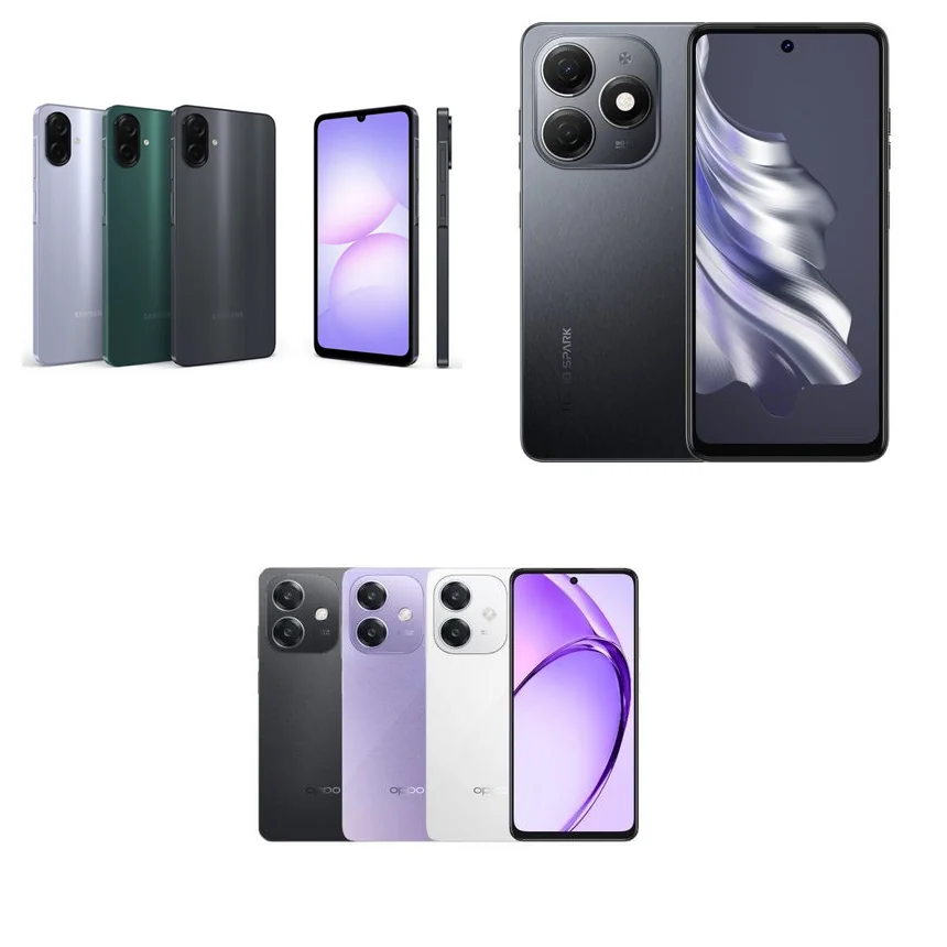 Perbandingan visual smartphone Samsung A07, Tecno Spark 20, dan Oppo A3x