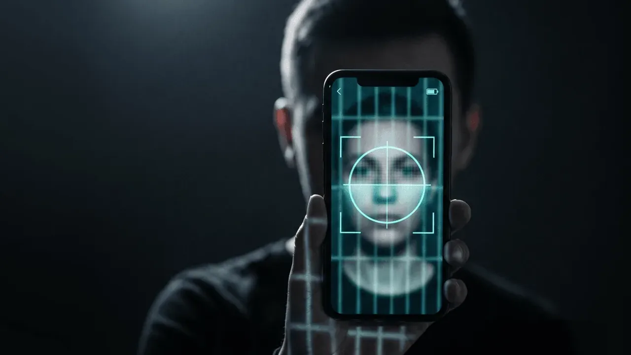Ilustrasi verifikasi biometrik pengenalan wajah untuk registrasi kartu SIM di ponsel pintar dengan latar belakang data siber.