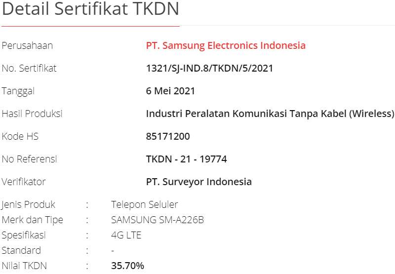 TKDN Samsung Galaxy A22 5G Indonesia