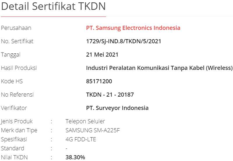 TKDN Samsung Galaxy A22 5G Indonesia