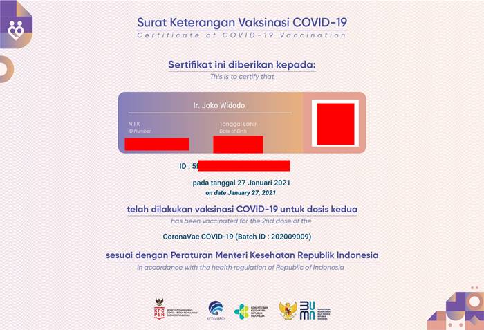 Sertifikat vaksin Covid-19 Joko Widodo