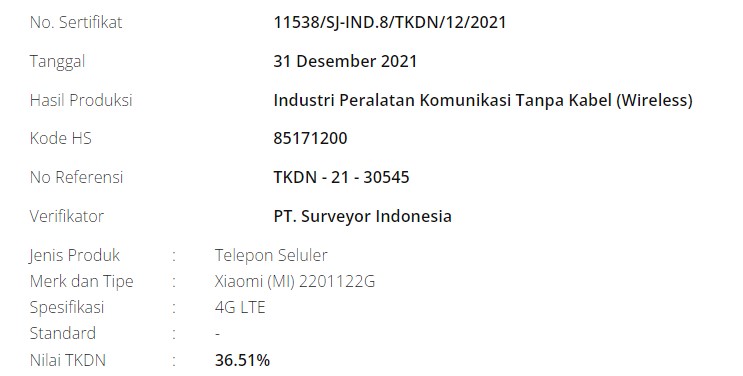 TKDN Xiaomi 12 Indonesia