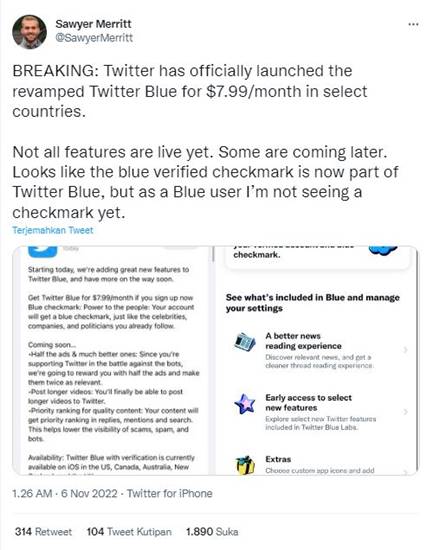 Twitter Mulai Uji Coba Akun Centang Biru Berbayar di iOS