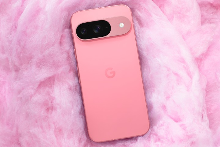 A pink Google Pixel 9 laid on a pink background.