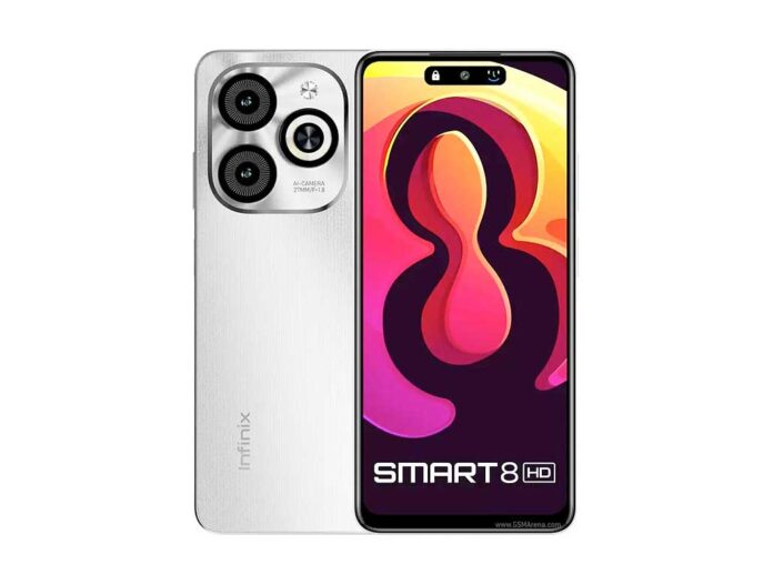 Tampilan depan Infinix Smart 8 HD dengan layar IPS LCD dan kamera 13 MP