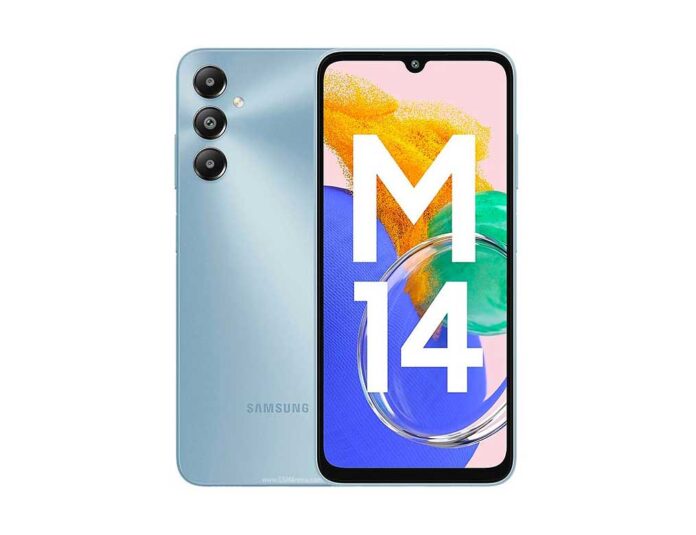 Tampilan depan Samsung Galaxy M14 4G dengan layar PLS LCD dan kamera 50 MP