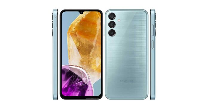 Tampilan depan Samsung Galaxy M15 dengan layar Super AMOLED dan kamera 50 MP