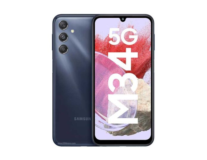 Tampilan depan Samsung Galaxy M34 5G dengan layar Super AMOLED dan kamera 50 MP