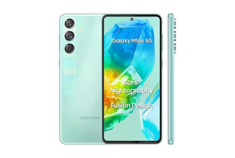 Tampilan depan Samsung Galaxy M55s dengan layar Super AMOLED dan kamera 50 MP