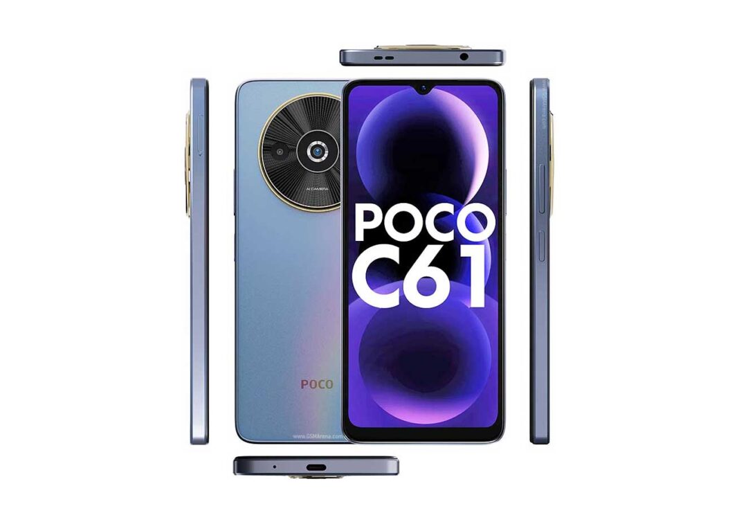 Tampilan depan Xiaomi Poco C61 dengan layar IPS LCD dan kamera 8 MP