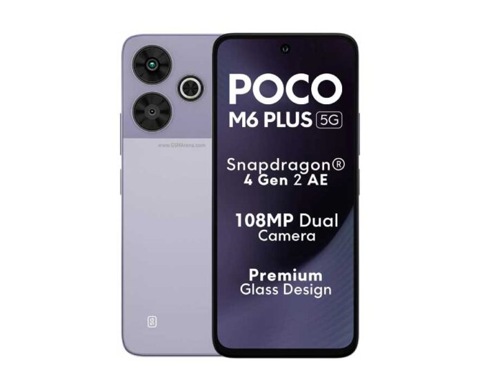 Tampilan depan Xiaomi Poco M6 Plus dengan layar IPS LCD dan kamera 108 MP