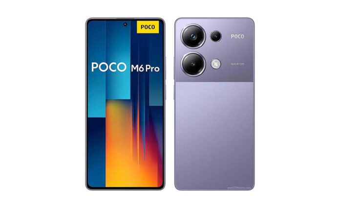 Tampilan depan Xiaomi Poco M6 Pro dengan layar AMOLED dan kamera 64 MP