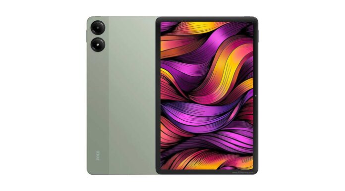 Tampilan depan Xiaomi Poco Pad 5G dengan layar IPS LCD dan kamera 8 MP