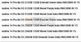 Realme 14 Pro Lite's memory and color options