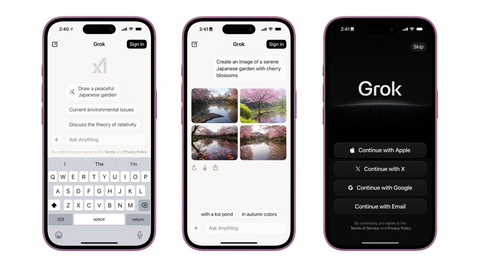 Three screenshots of the Grok app showing the main screen, image generation, and the sign-in screen.