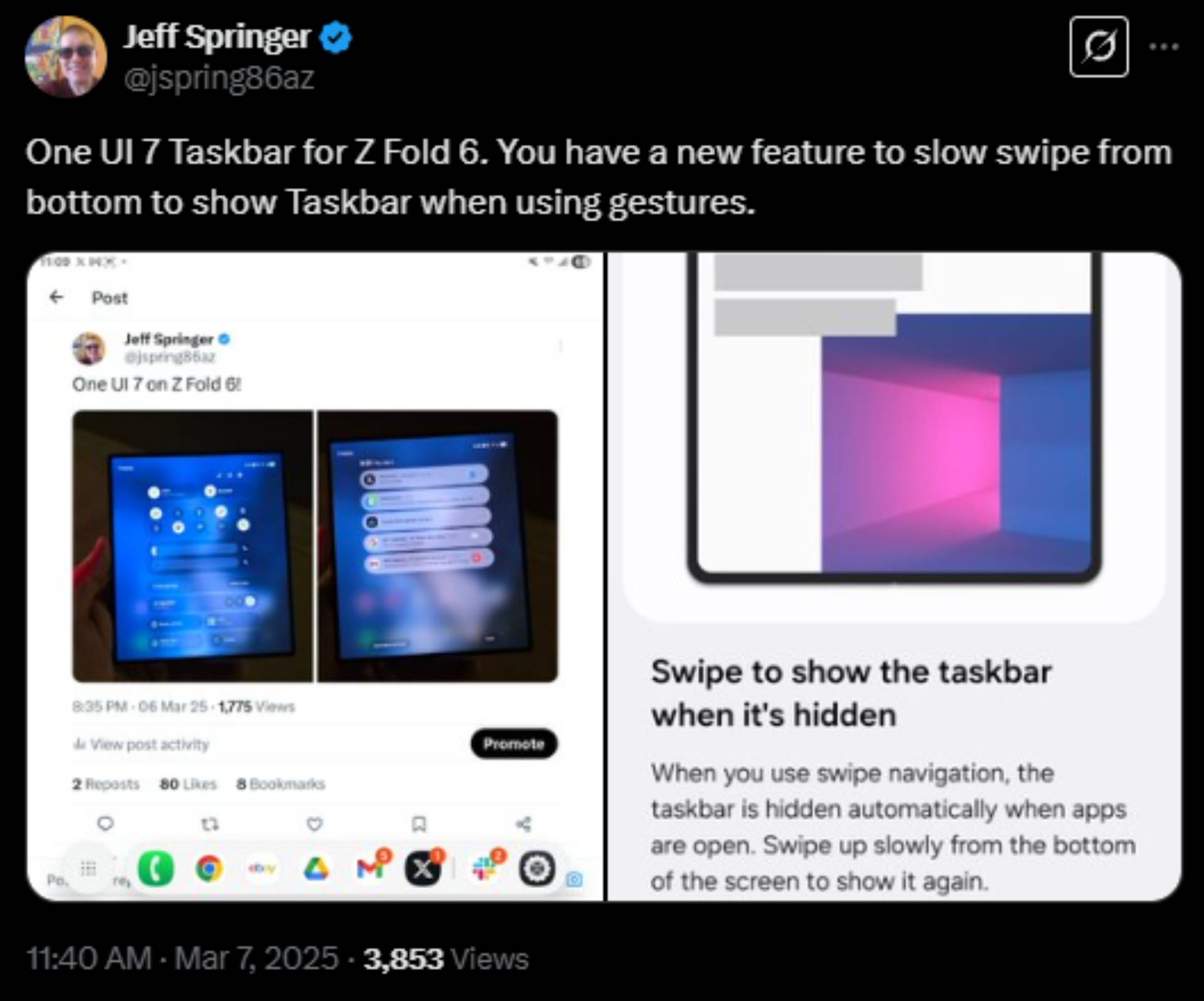 Galaxy Z Fold 6 One UI 7 transient taskbar Jeff Springer X