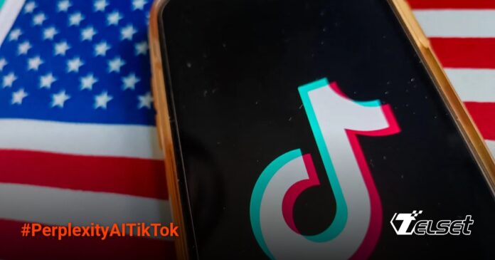 Ilustrasi TikTok dan logo Perplexity AI sebagai calon pemilik baru