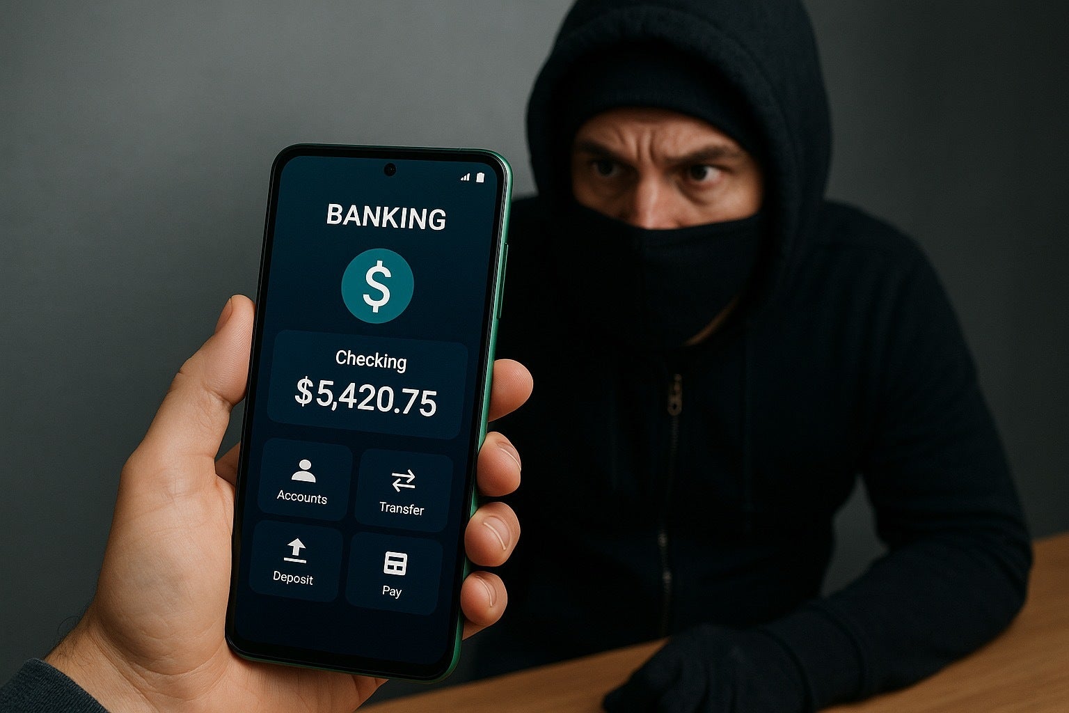 Ilustrasi AI pencuri mengintip transaksi bank di smartphone