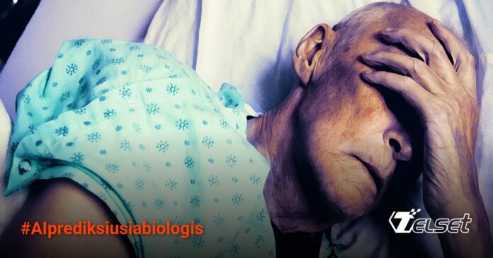Ilustrasi teknologi AI menganalisis wajah untuk prediksi usia biologis