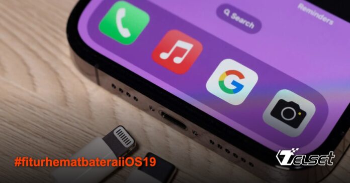Ilustrasi iPhone dengan indikator baterai dan simbol AI, menggambarkan fitur hemat baterai berbasis kecerdasan buatan di iOS 19