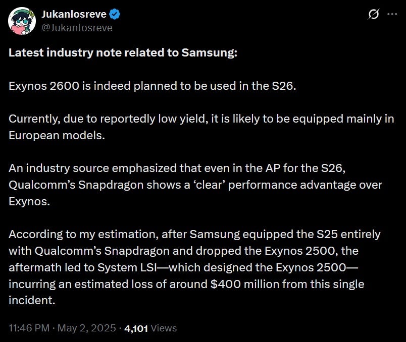 Cuplikan tweet tentang Exynos 2600 untuk Galaxy S26