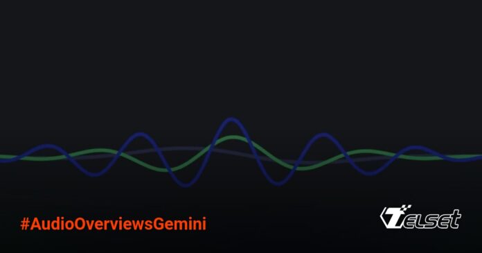 Tampilan antarmuka Audio Overviews di Gemini dengan indikator multibahasa