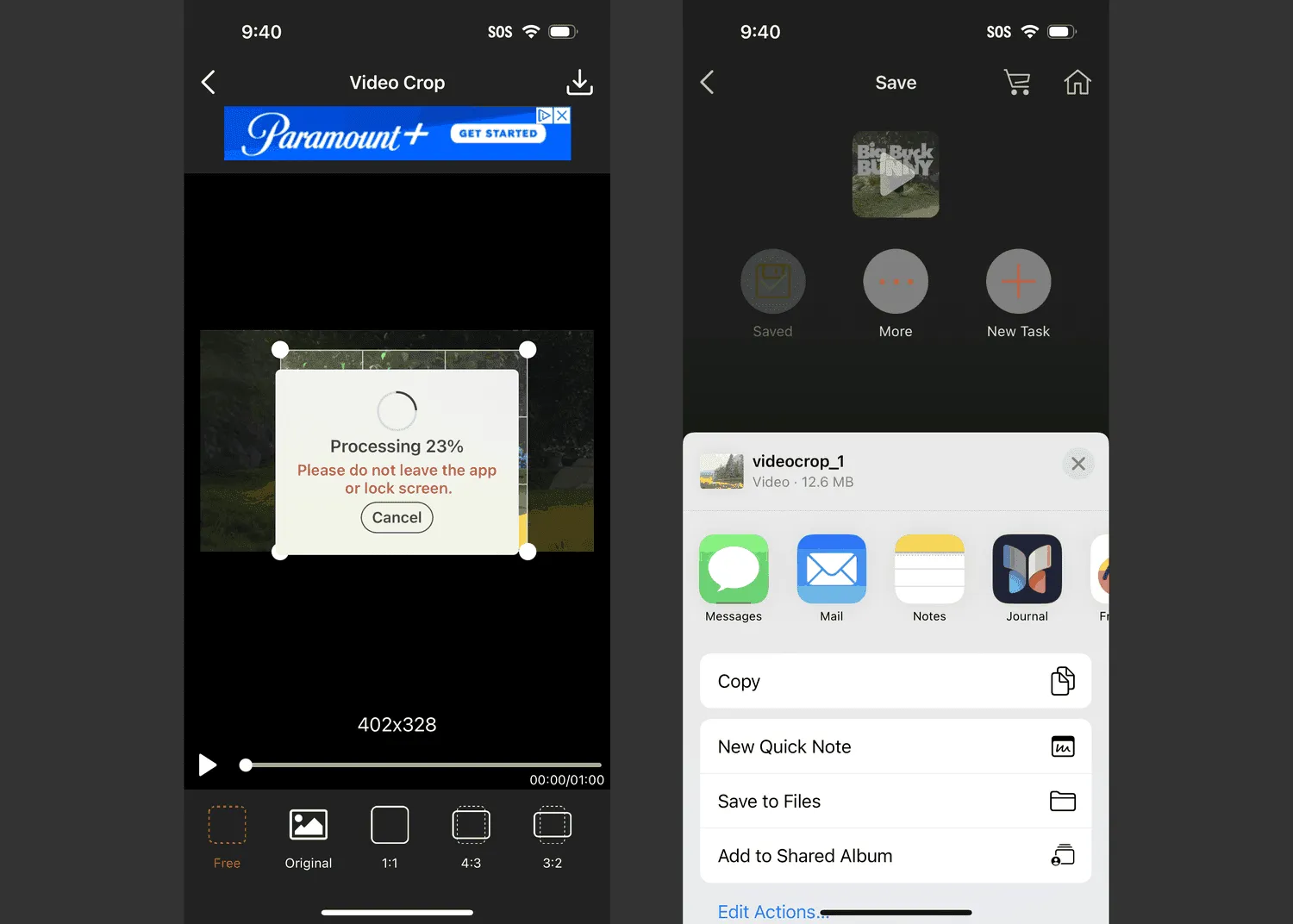 Video Crop app processing cropped video