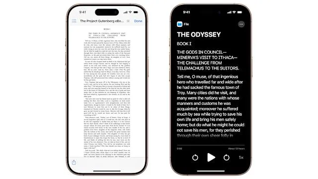 Dua ponsel berdampingan menampilkan mode Accessibility Reader Apple. Kiri menampilkan kolom teks sempit dalam dokumen, kanan versi Accessibility Reader dengan teks hitam-putih yang lebih mudah dibaca dan kontrol pemutaran di bagian bawah.