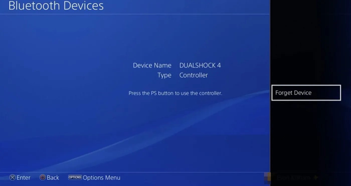 A screenshot of a controller menu in PS4 settings with the Forget Device option highlighted
