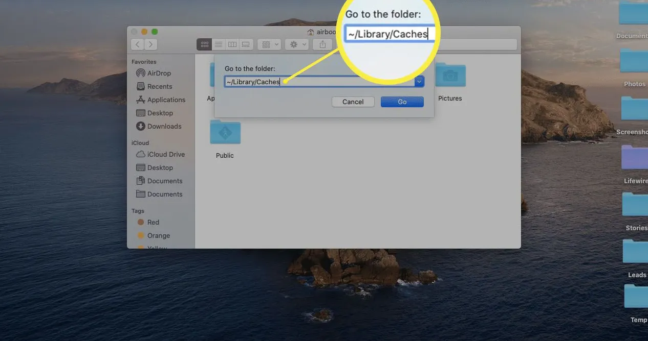 A screenshot of the go to folder function on macOS.