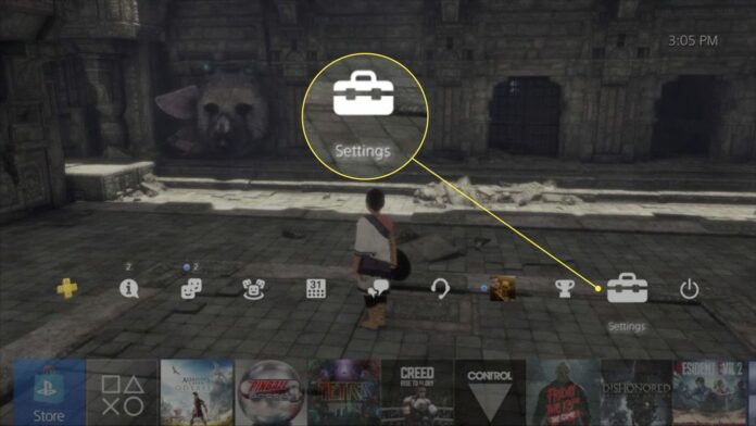 A screenshot of the PS4 home screen with the Settings option highlighted