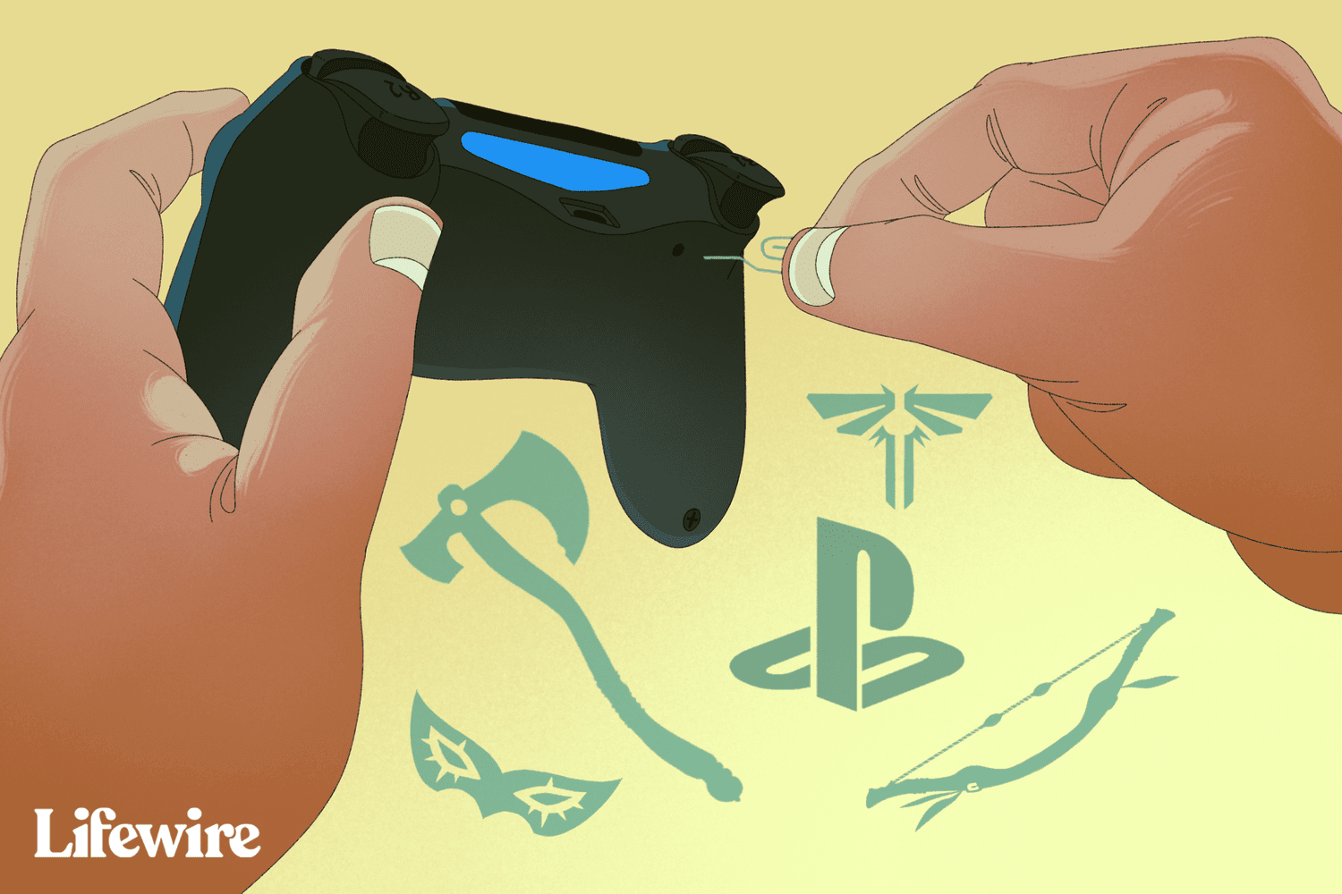 Person resetting a PlayStation 4 controller with a paperclip