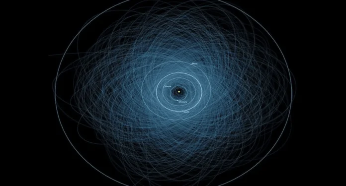 Visualisasi NASA tentang asteroid besar melintas dekat orbit Bumi