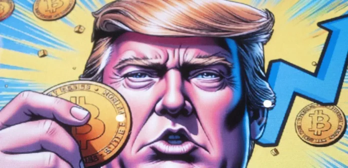 Donald Trump dan logo Bitcoin mewakili strategi baru Trump Media