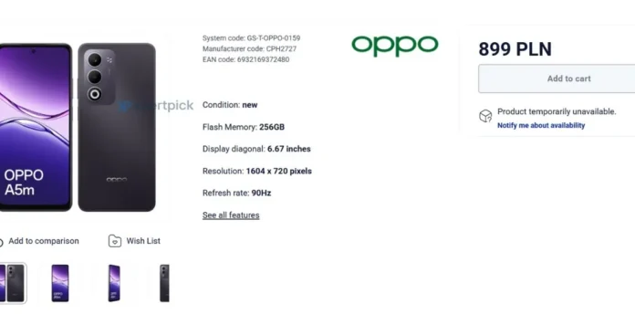 Tampilan depan Oppo A5m dengan layar lebar dan desain modern