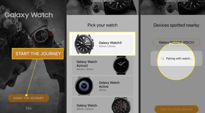 Proses pairing Galaxy Watch dengan iPhone melalui aplikasi Galaxy Watch