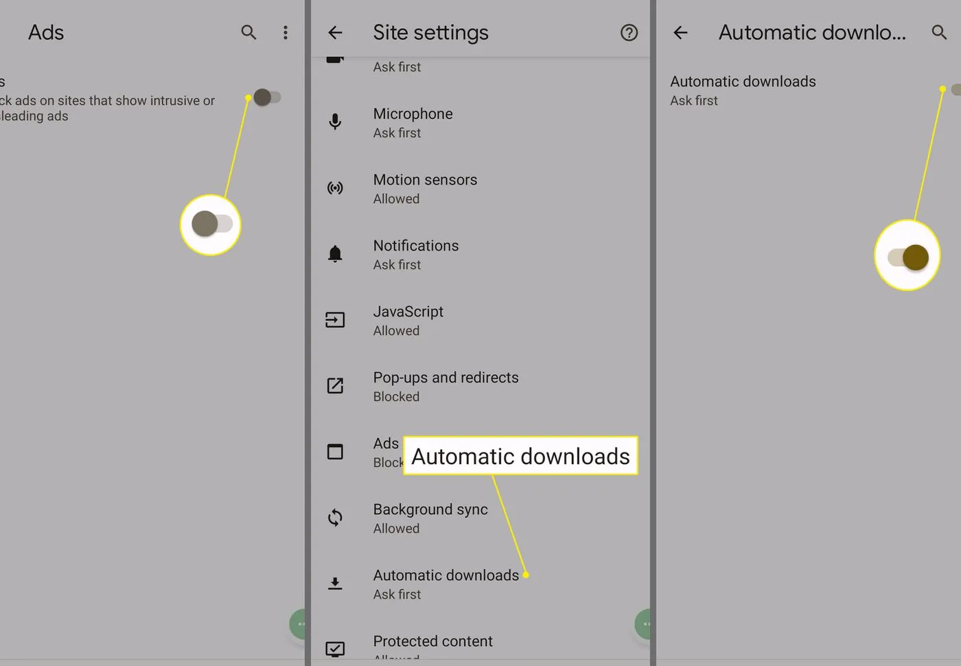 Off toggle, Automatic downloads, and On toggle highlighted in Chrome Site Settings on Android