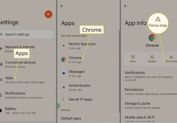 Tampilan menu Aplikasi, Chrome, dan Hentikan Paksa di Pengaturan Android