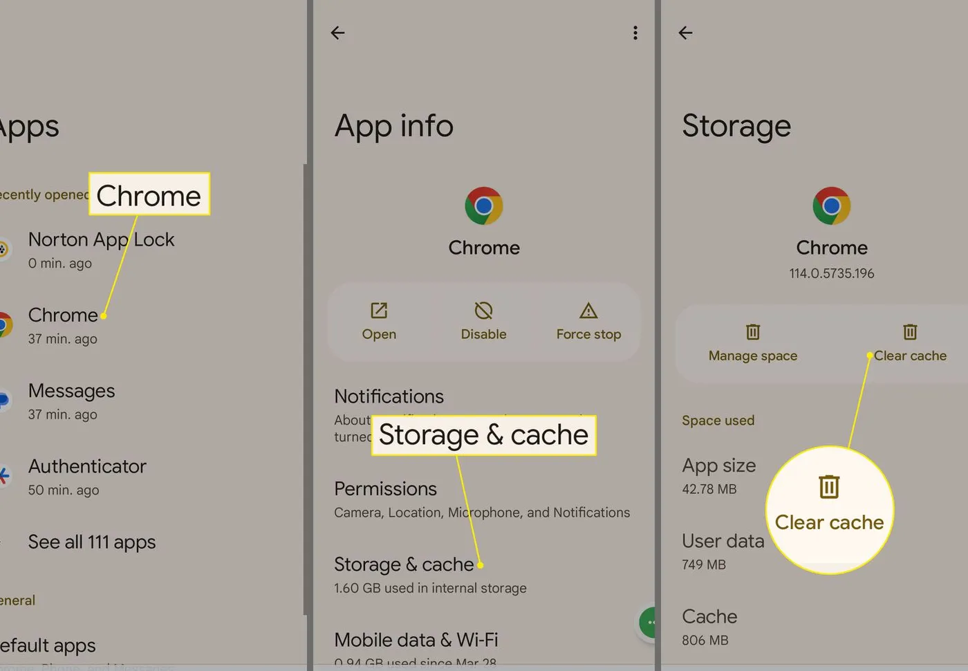 Chrome, Storage & cache, and Clear cache highlighted in Android Setting